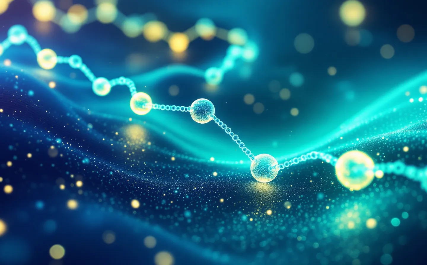 Abstract illustration of a five-amino-acid peptide chain on a deep navy gradient